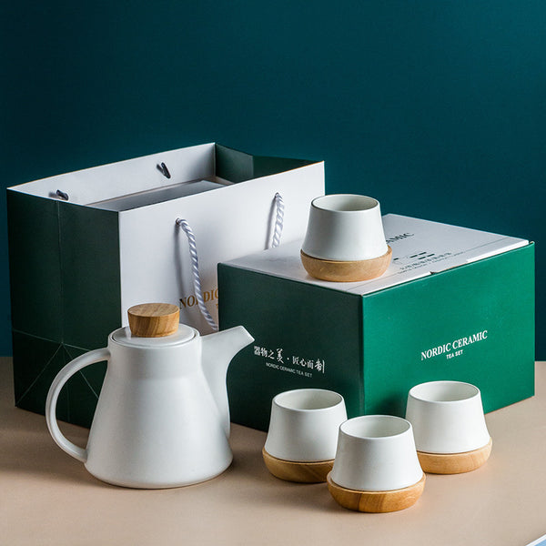 Briller Ceramic Tea Set with Acacia Wood Coasters with best seller sampler pack
