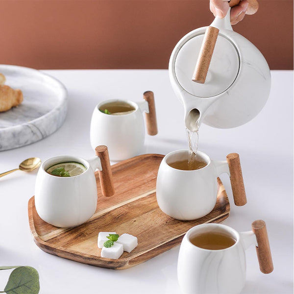 Marbre Ceramic Tea Set with Wooden Handles, Tray with 10 Sampler Teas